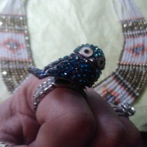 Rhinestone silver blue bird ring